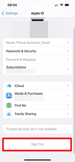 apple id sign out greyed out