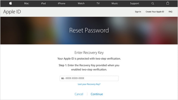 reset your Apple ID password using recovery key
