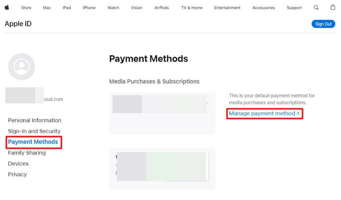 Update Payment Method from Website 