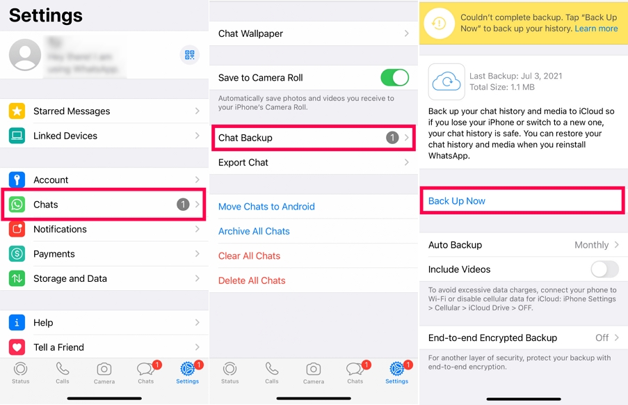 start a new WhatsApp backup