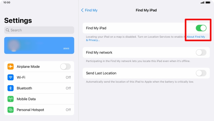 Find My iPad  turned off on your iPad 