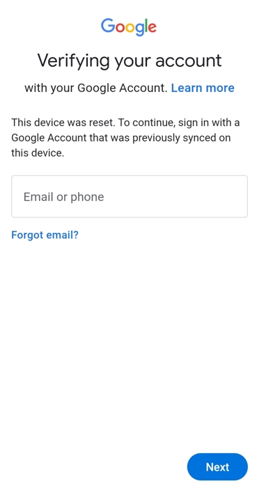 This device was reset.To continue, sign in with a google account