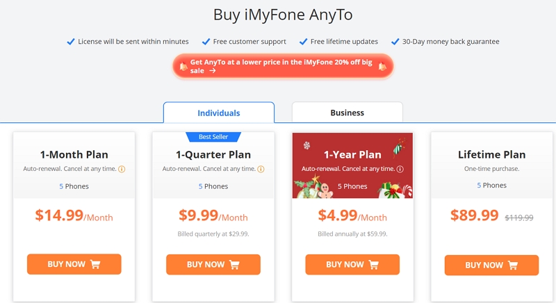 AnyTo's pricing plans
