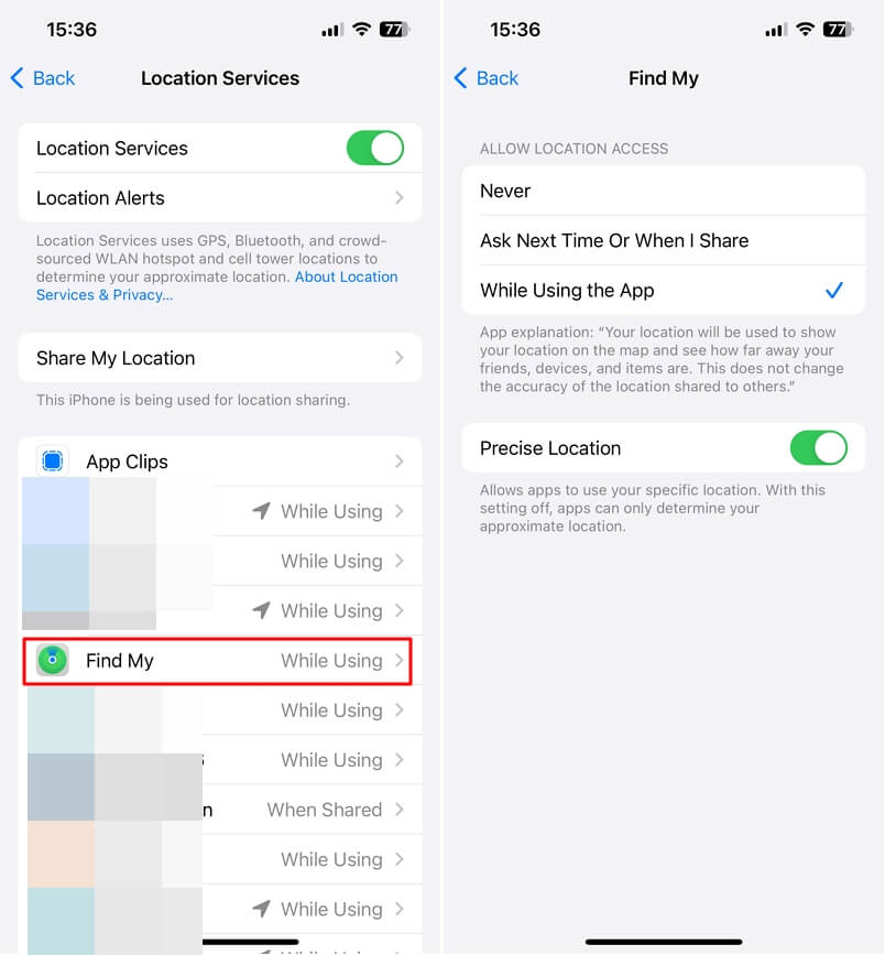 Ensure the Find My App Has Location Permission