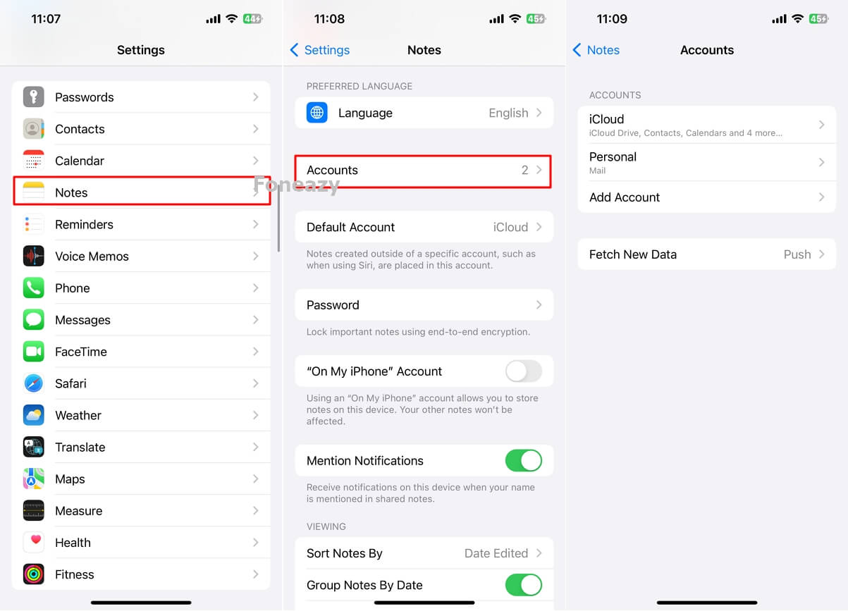 Switch the Notes Account from Gmail to iCloud