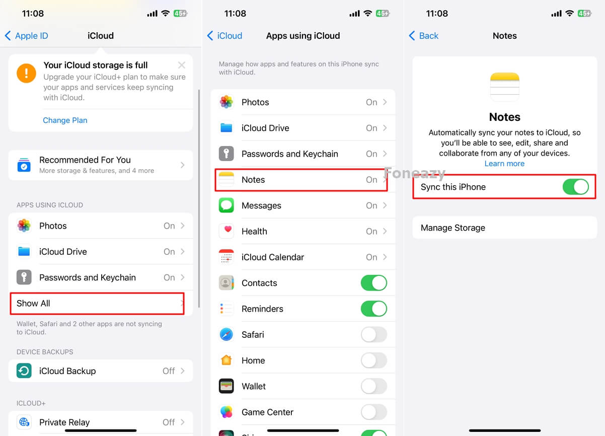 Check the iCloud Settings for Notes Sync