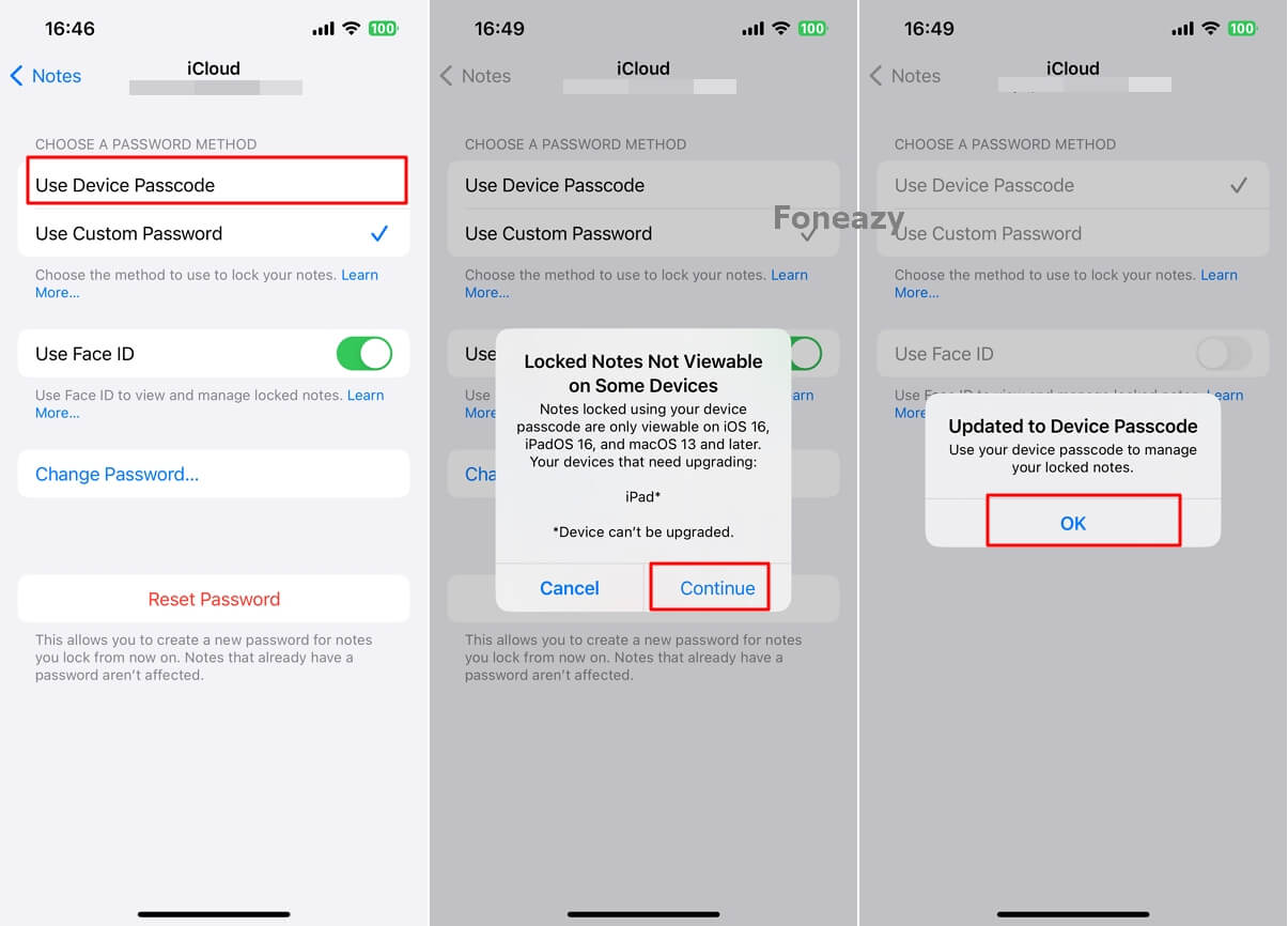 Switch the Notes Password to iPhone Passcode 