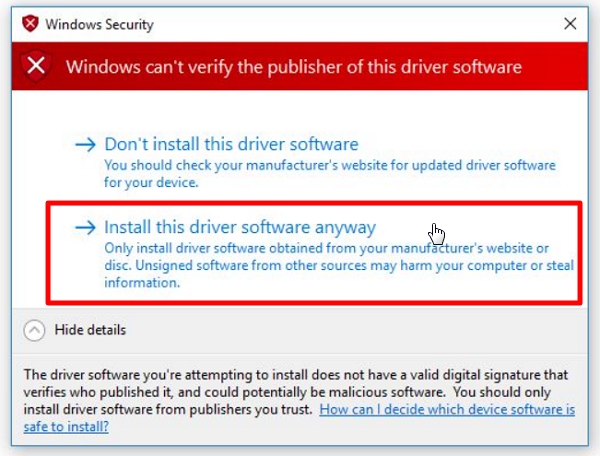Windows can't verify the publisher of this driver software