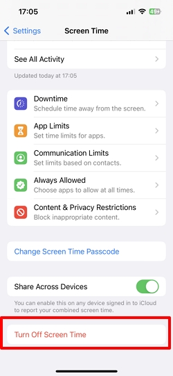 tap Turn Off Screen Time