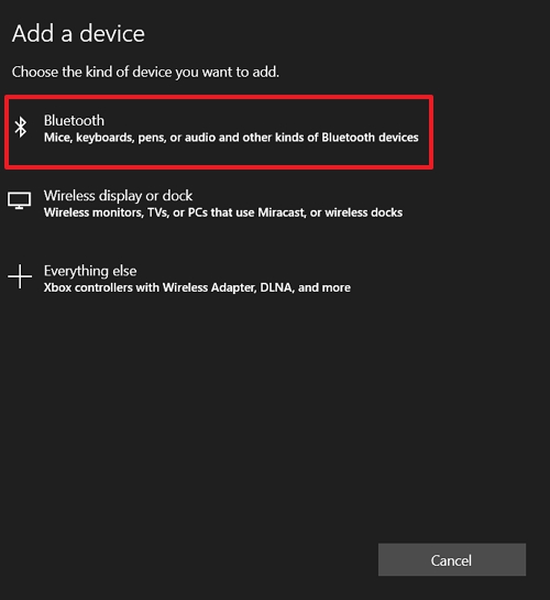 Click Bluetooth in the Windows menu