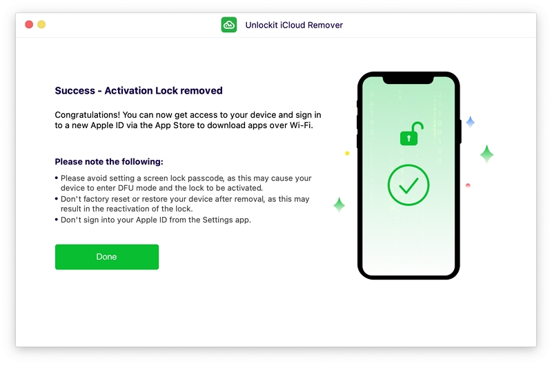 the iCloud Activation Lock removal completed